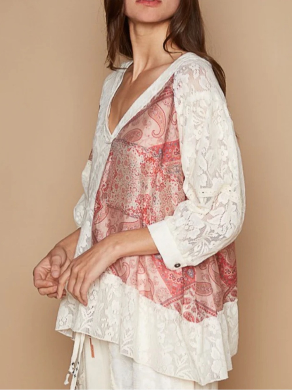 POL Lace Cream Patchwork Top V Neck Balloon Sleeve Boho Size Medium
